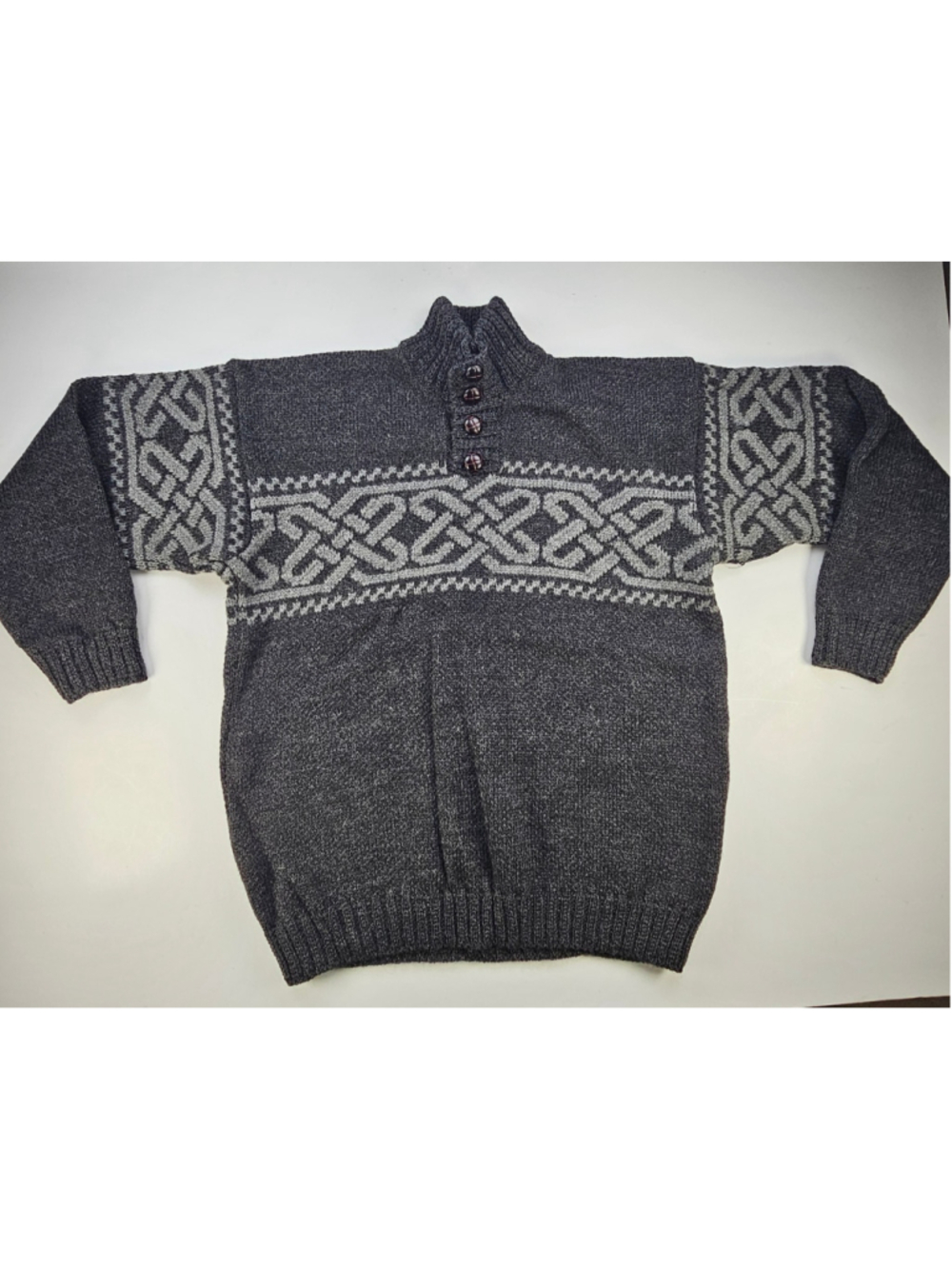 Carraig Donn Mens XL Irish Wool Sweater Celtic Knot Aran Button Neck Ireland